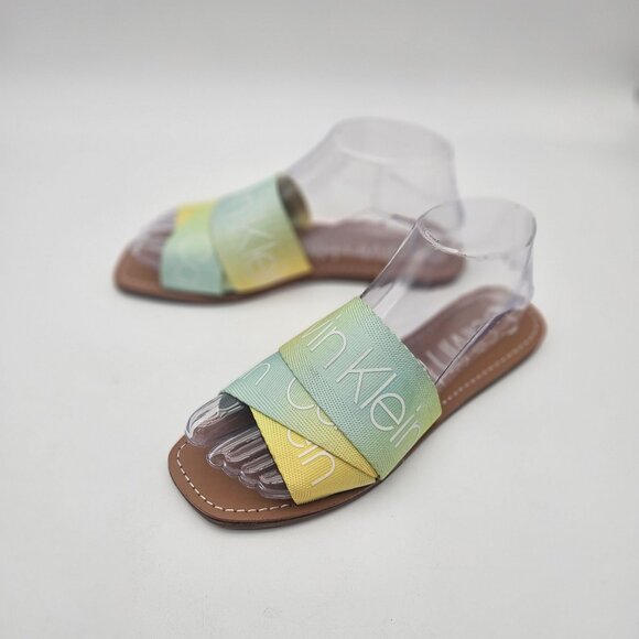 Calvin Klein Bainy Green Yellow LOGO Fabric Slides Flats Womens Sz 7 NEW - Picture 2 of 6